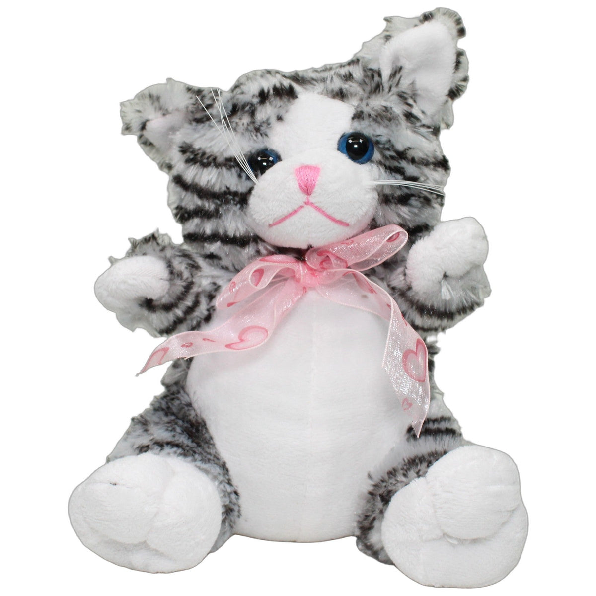 123000027887 Paul Import Grau-schwarze Katze mit weißem Bauch & rosa Schleife Kuscheltier Kumpel Leo 20cm ebay-stofftiere Gebraucht