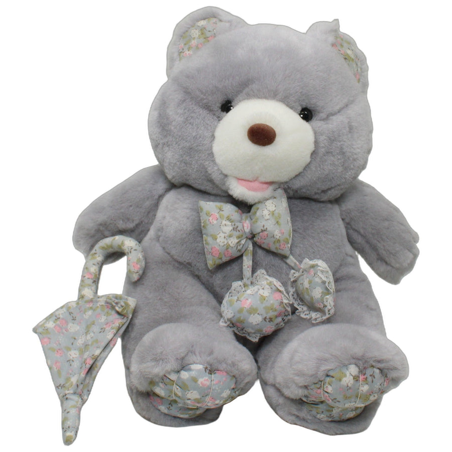 Grauer Bär mit Fliege, Schirm & Blumenmuster, sitzend