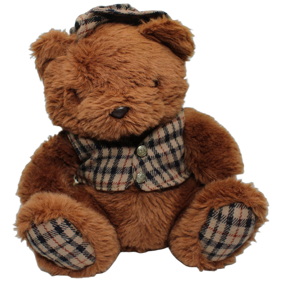 123000028476 Eduscho Brauner Teddy mit Karomuster-Kleidung Kuscheltier Kumpel Leo 30cm _Wieder Da_ Beige