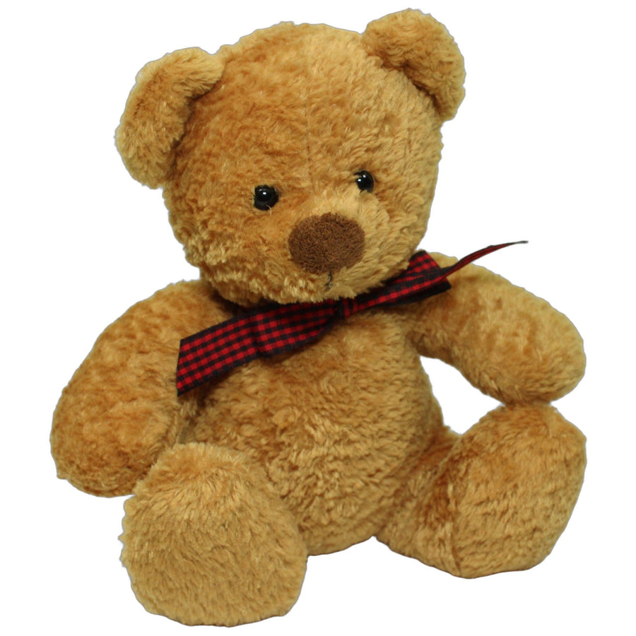 Sitzender Teddy mit karierter Schleife, rot-schwarz