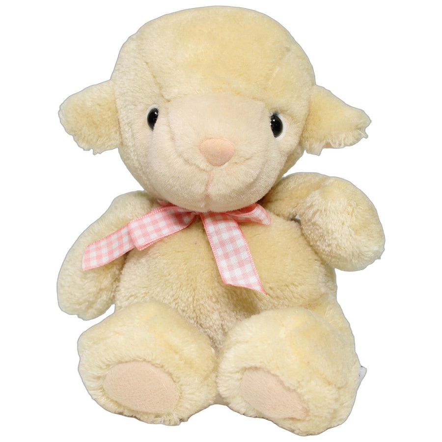 Beiges Schaf mit rosa-karierter Schleife, sitzend