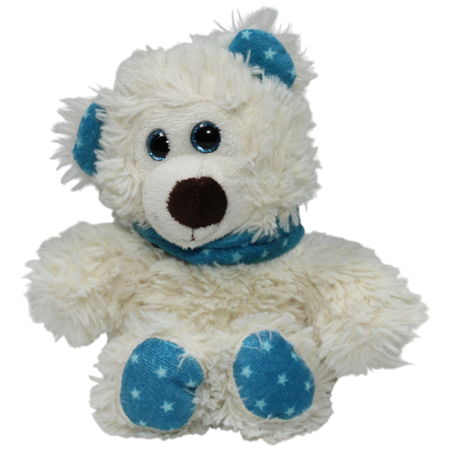 Cremefarbener Teddybär mit blauem Halstuch und Ohren