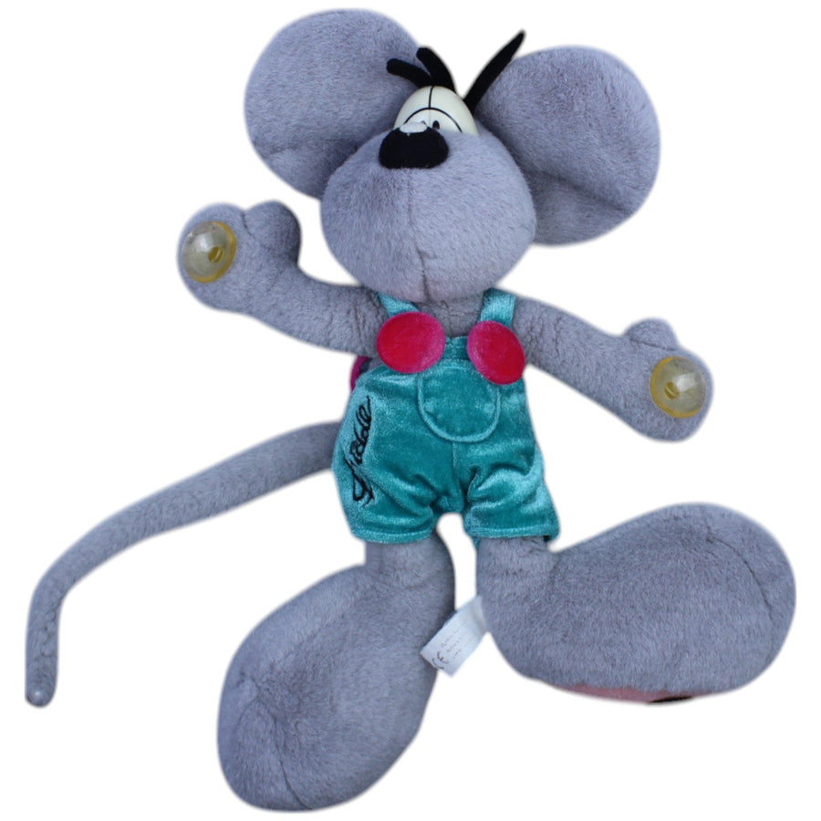 Diddl-Maus grau mit türkiser Latzhose und Saugnäpfen