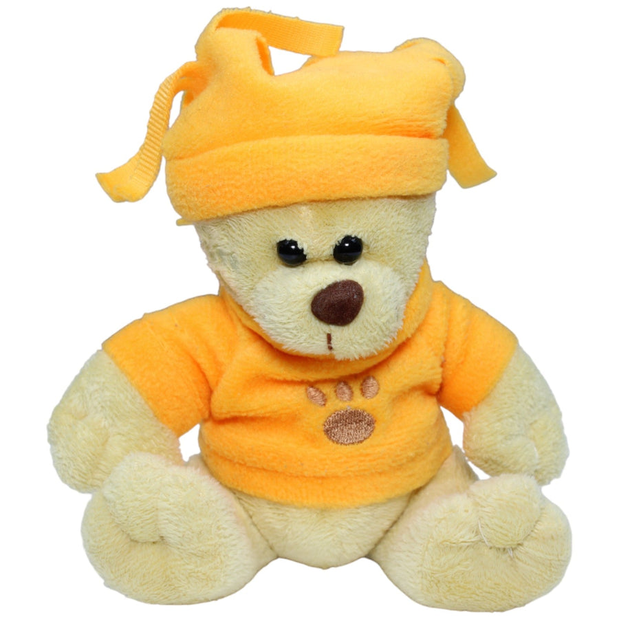 Teddybär mit orangem Pullover und Mütze