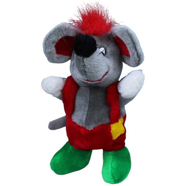 Sparkasse Maus mit roter Latzhose, stehend