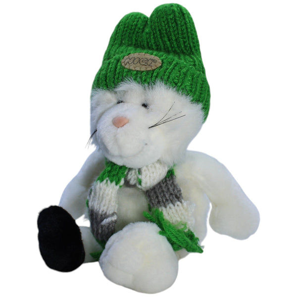 Weiße Schlenker Katze mit grünem Schal & Mütze