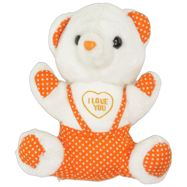 Weißer Teddybär mit oranger Latzhose & Herz "I LOVE YOU"