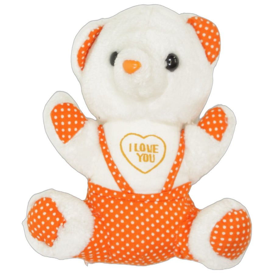 Weißer Teddybär mit oranger Latzhose & Herz "I LOVE YOU"