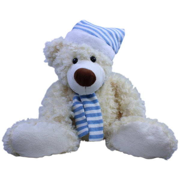 XL Teddybär mit blau-weiß gestreifter Mütze und Schal