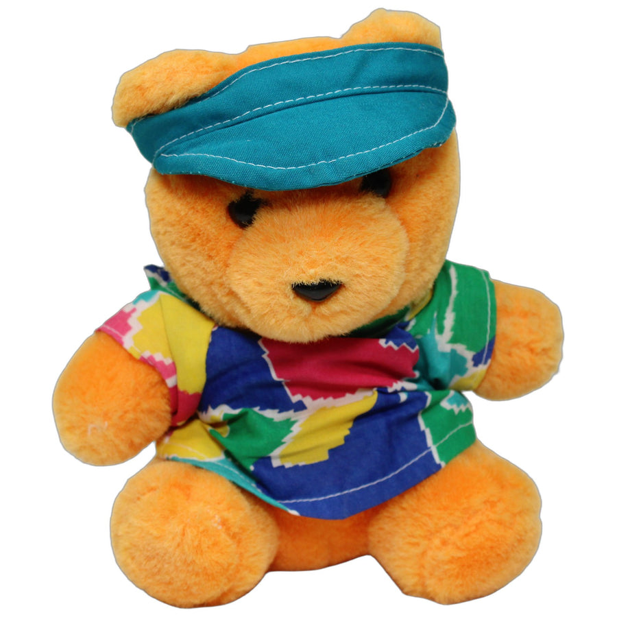 Oranger Teddy mit Kappe & buntem Shirt