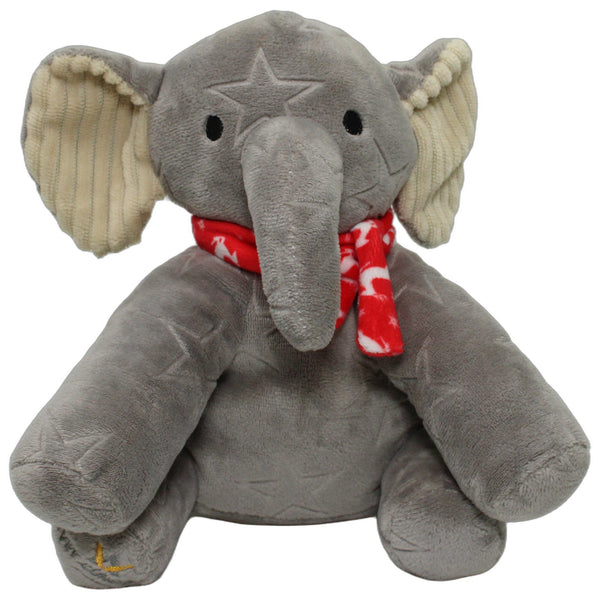 Grauer Elefant mit rotem Schal, sitzend