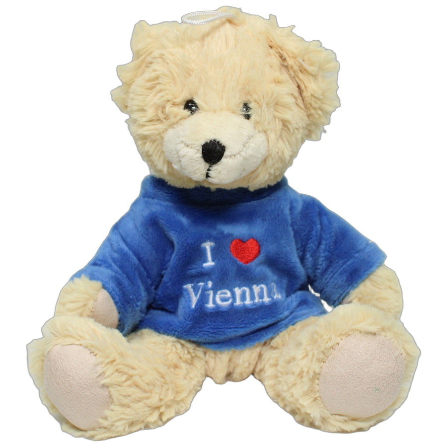 Sitzender Teddy mit blauem Pulli "I ❤ Vienna"