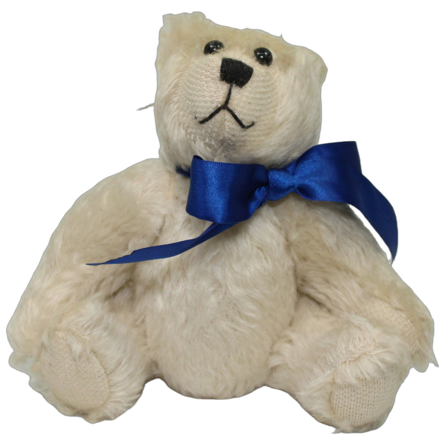 Heller Teddybär mit blauer Schleife & beweglichen Gliedern