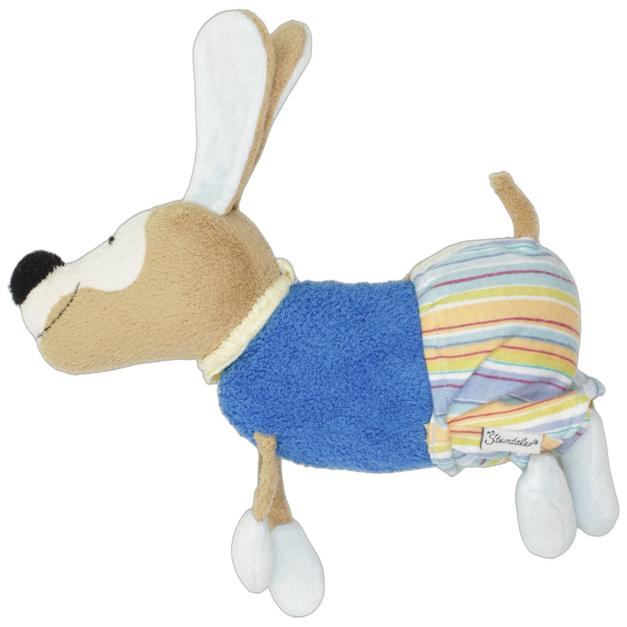 Niedlicher Hund mit gestreifer Hose & Rassel