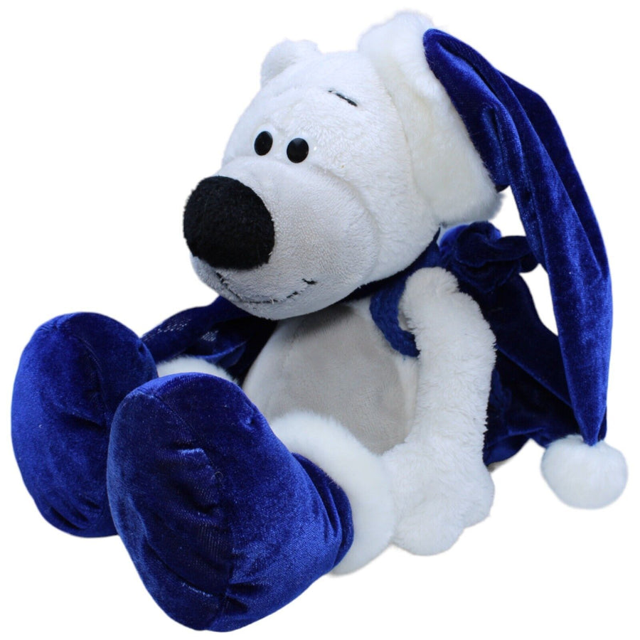 Weihnachts-Eisbär mit Zipfelmütze, Rucksack & Stiefeln, blau
